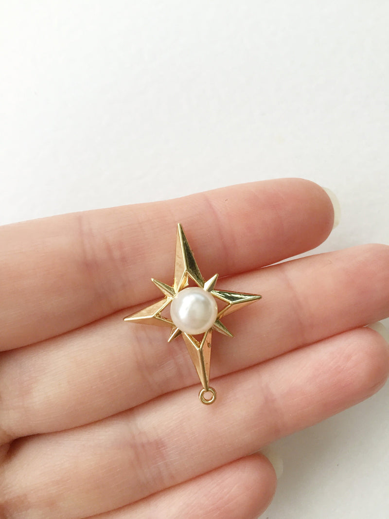 4 x Gold Star Pendants with Pearl, 32x24mm