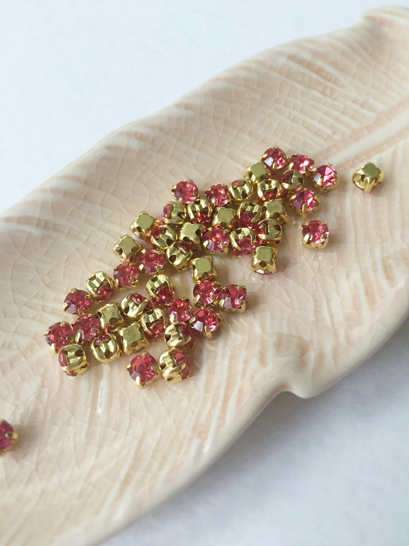 48 x Rose Glass Rhinestones in Gold Sew-on Setting, 4mm or 5mm