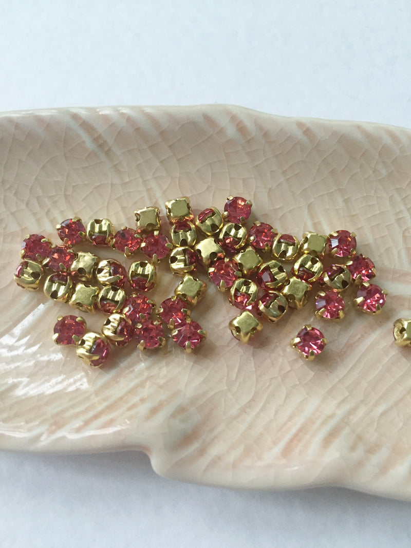 48 x Rose Glass Rhinestones in Gold Sew-on Setting, 4mm or 5mm