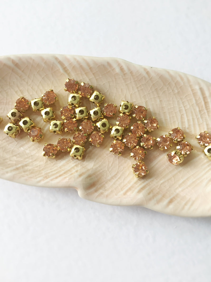 48 x Peach Glass Rhinestones in Gold Sew-on Setting, 4mm or 5mm