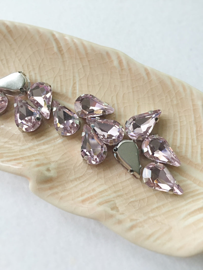 12 x 8x13mm Pink Glass Teardrop Rhinestone in Sew-on Rhodium Tone Setting