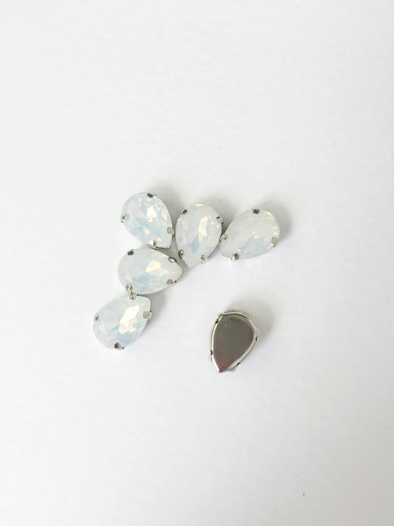 White Opal Glass Teardrop Rhinestones in Silver Tone Sew-on Setting, Different Sizes