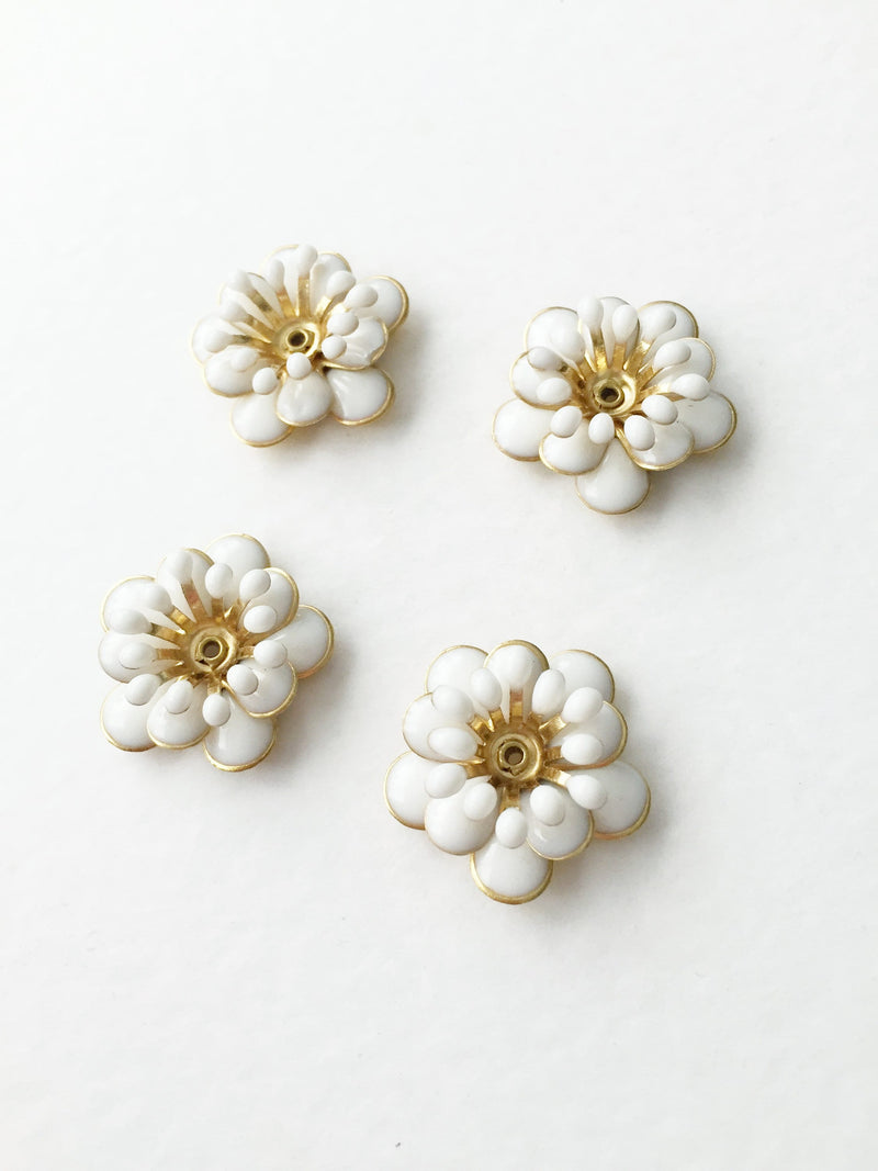 4 x White Enamel Brass Flower Bead Caps, 19mm (0682)