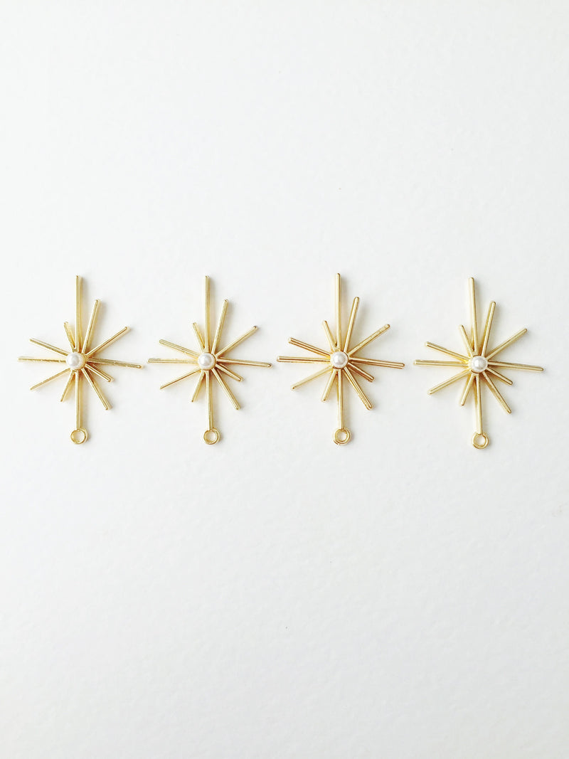 4 x Gold Tone Starburst Charms with Faux Pearl, 43x32mm (0606)