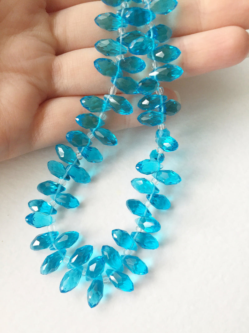 1 strand x Sky Blue Crystal Briolette Beads, Faceted Glass Teardrop Beads, 6x12mm - 98 beads