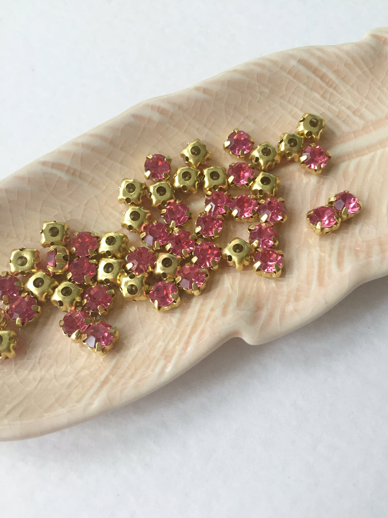 48 x Rose Glass Rhinestones in Gold Sew-on Setting, 4mm or 5mm