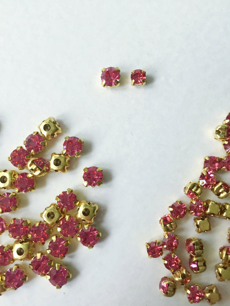 48 x Rose Glass Rhinestones in Gold Sew-on Setting, 4mm or 5mm