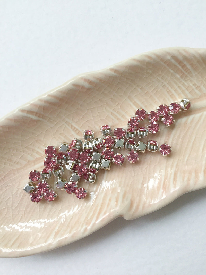 48 x Light Pink Glass Rhinestones in Silver Sew-on Setting, 4mm or 5mm