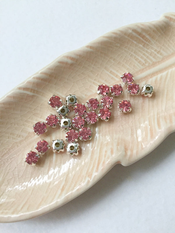 48 x Light Pink Glass Rhinestones in Silver Sew-on Setting, 4mm or 5mm