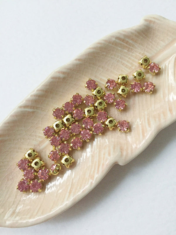 48 x Light Pink Glass Rhinestones in Gold Sew-on Setting, 4mm or 5mm