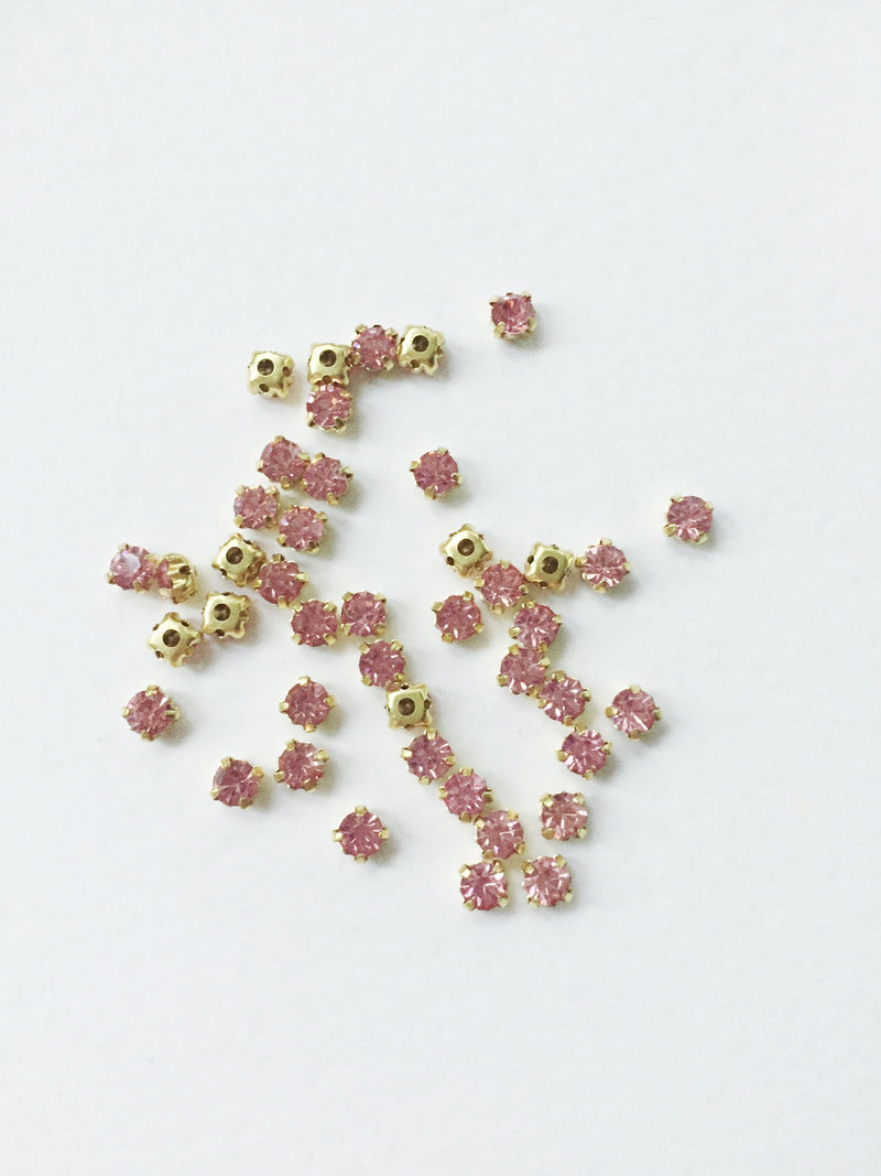 48 x Light Pink Glass Rhinestones in Gold Sew-on Setting, 4mm or 5mm