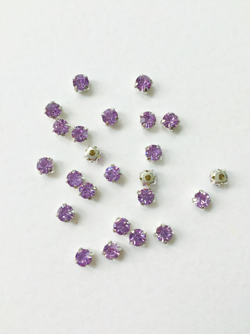 48 x Light Purple Rhinestones in Silver Sew-on Setting, 4mm or 5mm