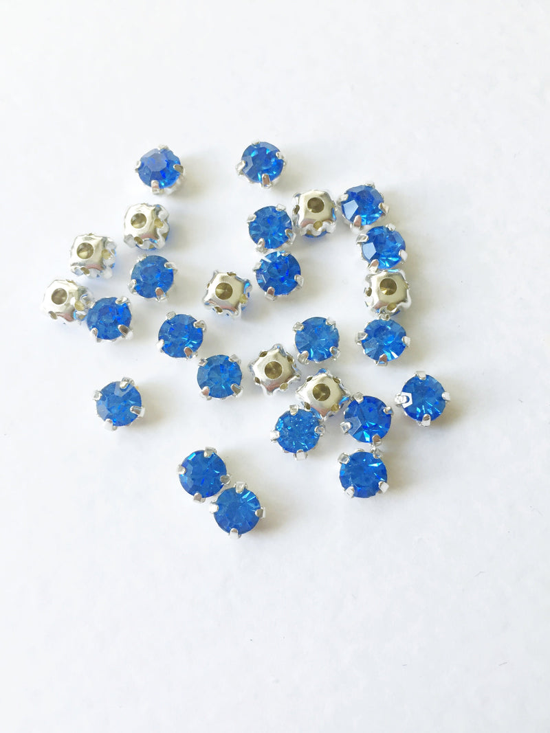 48 x Light Sapphire Glass Rhinestones in Silver Sew-on Setting, 4mm or 5mm