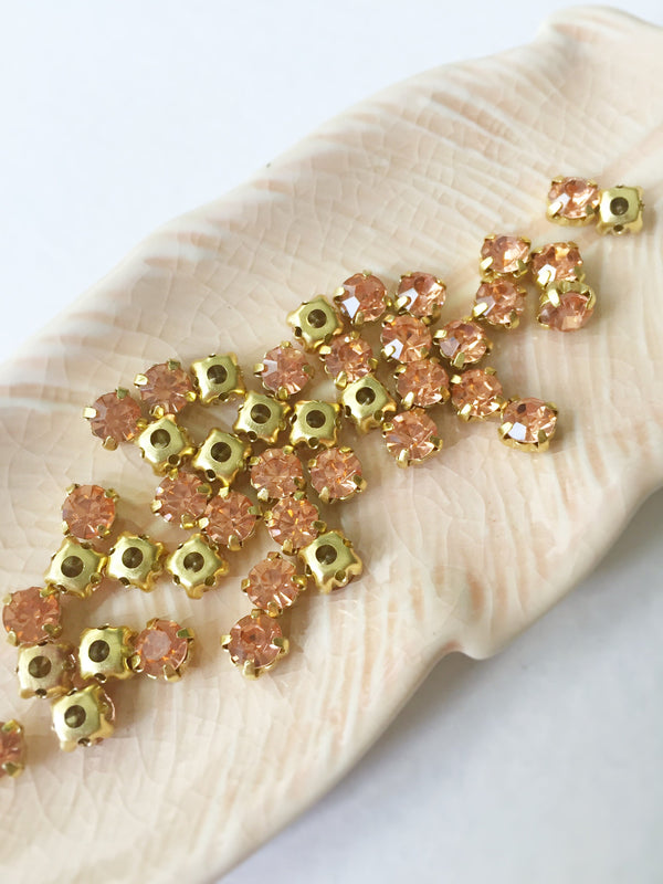 48 x Peach Glass Rhinestones in Gold Sew-on Setting, 4mm or 5mm