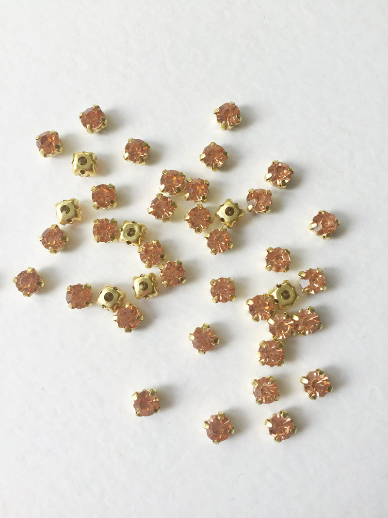 48 x Peach Glass Rhinestones in Gold Sew-on Setting, 4mm or 5mm