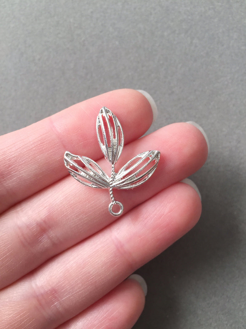 6 x Silver Plated Leaf Branch Charms, 28x25mm