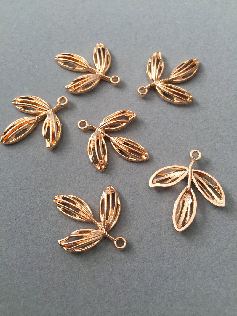 6 x Champagne Gold Metal Leaf Branch Pendant, 28x25mm