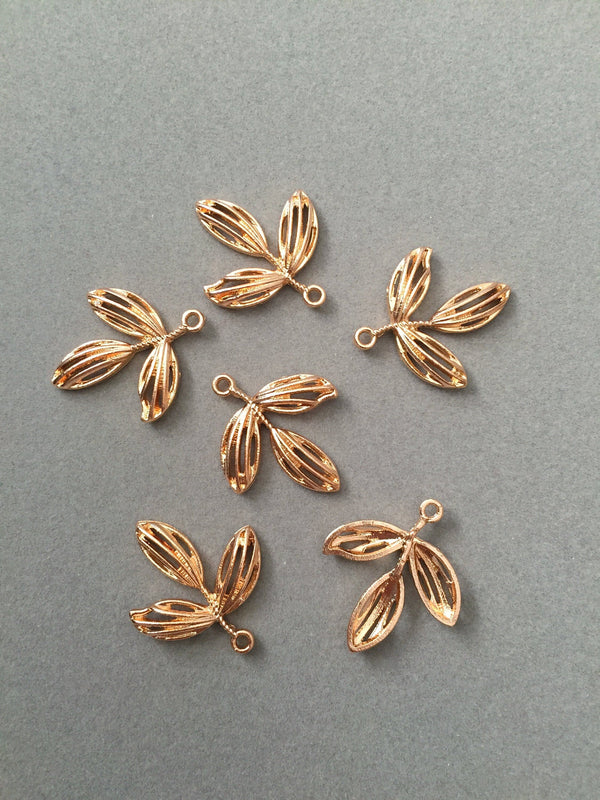 6 x Champagne Gold Metal Leaf Branch Pendant, 28x25mm