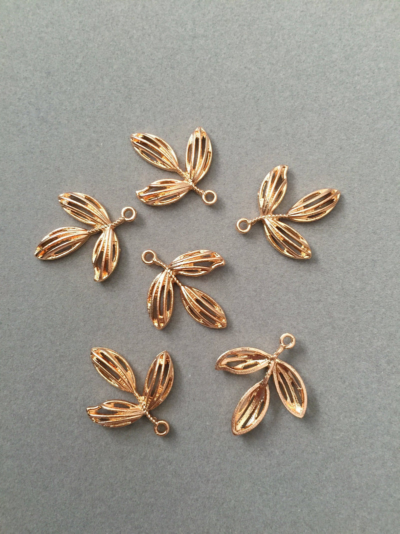 6 x Champagne Gold Metal Leaf Branch Pendant, 28x25mm