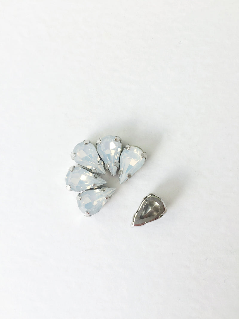 White Opal Glass Teardrop Rhinestones in Silver Tone Sew-on Setting, Different Sizes