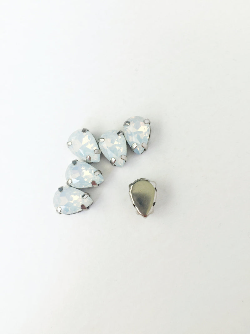 White Opal Glass Teardrop Rhinestones in Silver Tone Sew-on Setting, Different Sizes