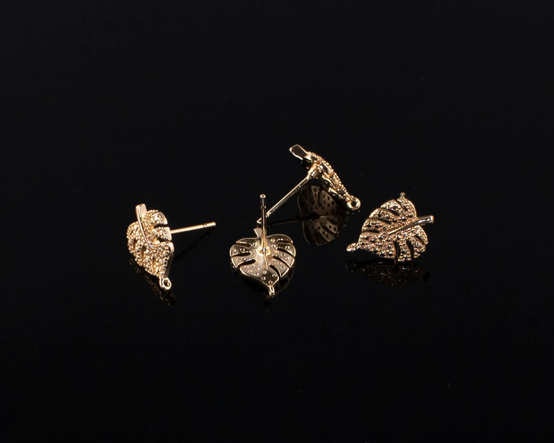 1 pair x 18K Gold Plated Monstera Leaf Earring Studs with Loop (0805)