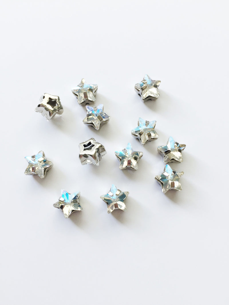 12 x 8mm Crystal Moonlight Star Rhinestones, 8Sew-on Rhodium Base (0311)