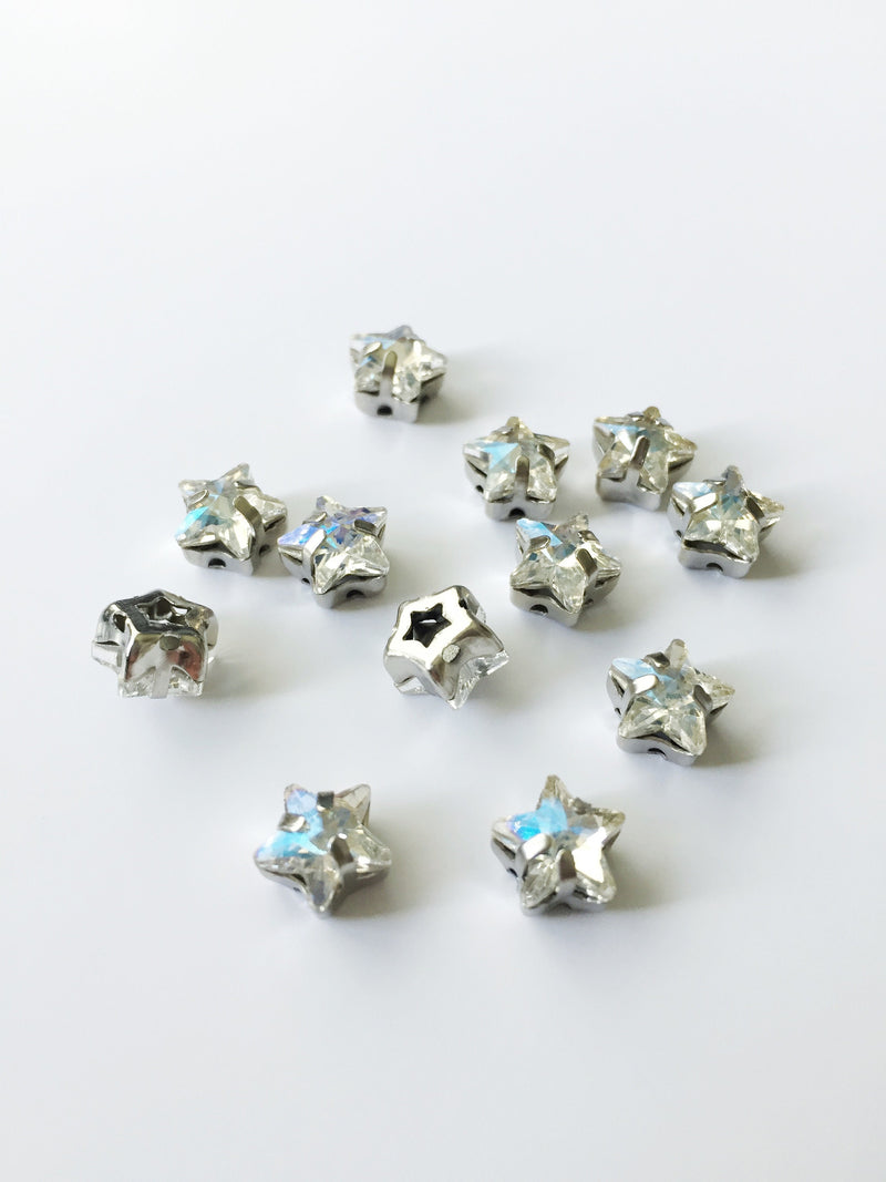 12 x 8mm Crystal Moonlight Star Rhinestones, 8Sew-on Rhodium Base (0311)