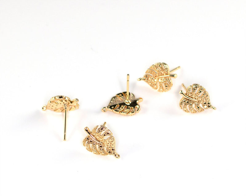 1 pair x 18K Gold Plated Monstera Leaf Earring Studs with Loop (0805)