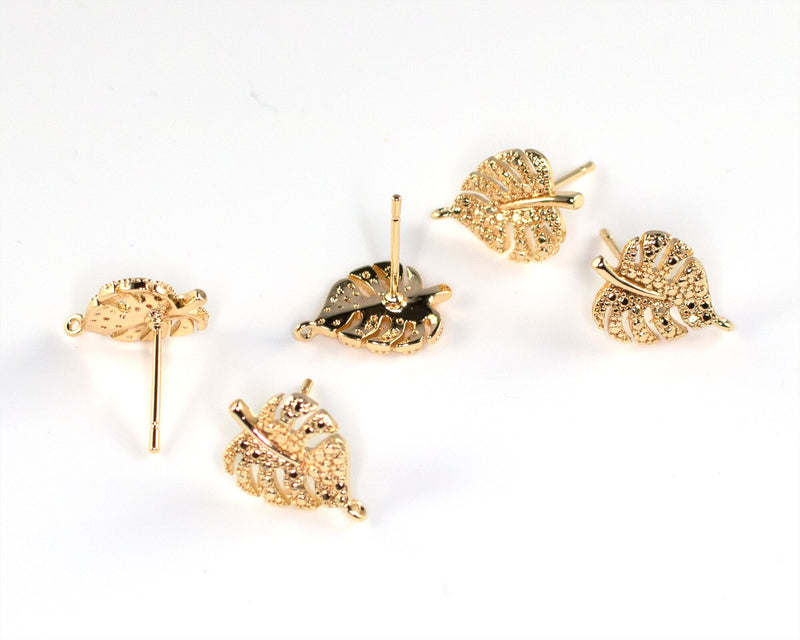 1 pair x 18K Gold Plated Monstera Leaf Earring Studs with Loop (0805)