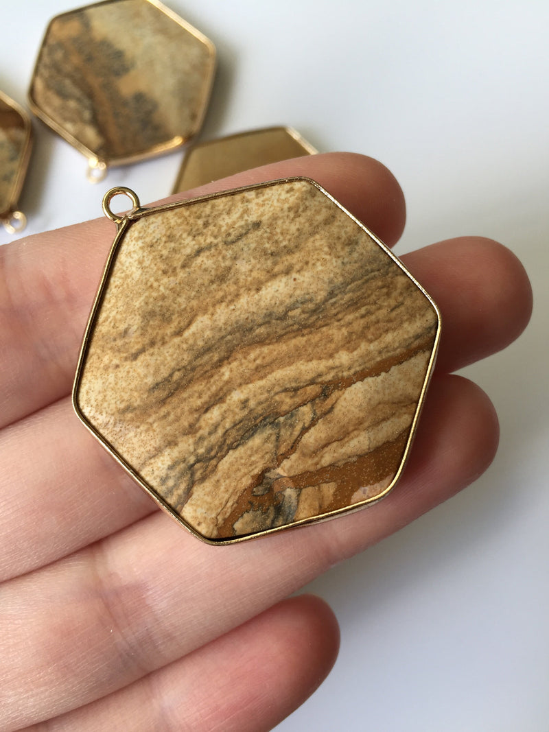 1 x Picture Jasper Hexagon Pendant, 36x40mm (1932)