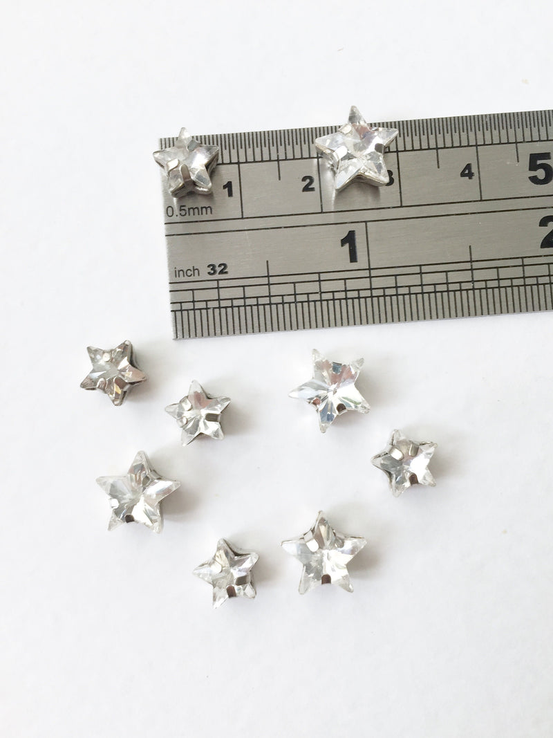 12 x 8mm Clear Crystal Star Rhinestones, Sew-on Rhodium Base (3632)