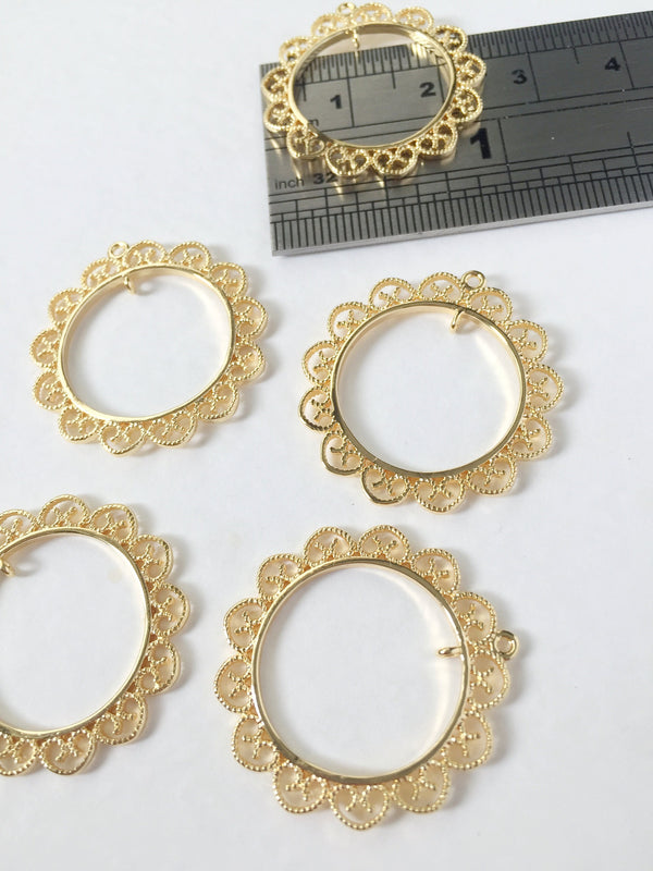 2x 18K Gold Plated Ornate Hoop Connectors, 26x25mm Lace Edge Round Jewellery Links (0287)