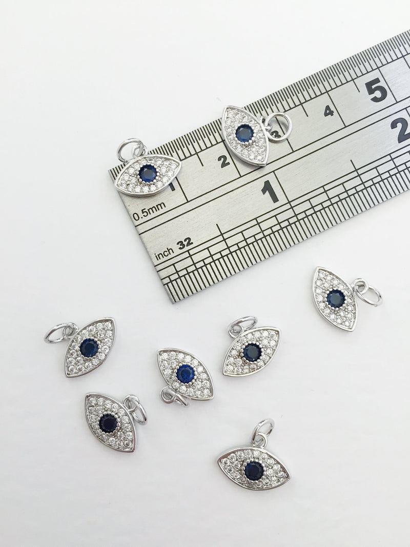 1 x 18K Platinum Plated Evil Eye Charms with Cubic Zirconia, 12x9mm (0241S)