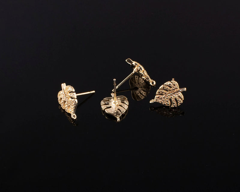 1 pair x 18K Gold Plated Monstera Leaf Earring Studs with Loop (0805)