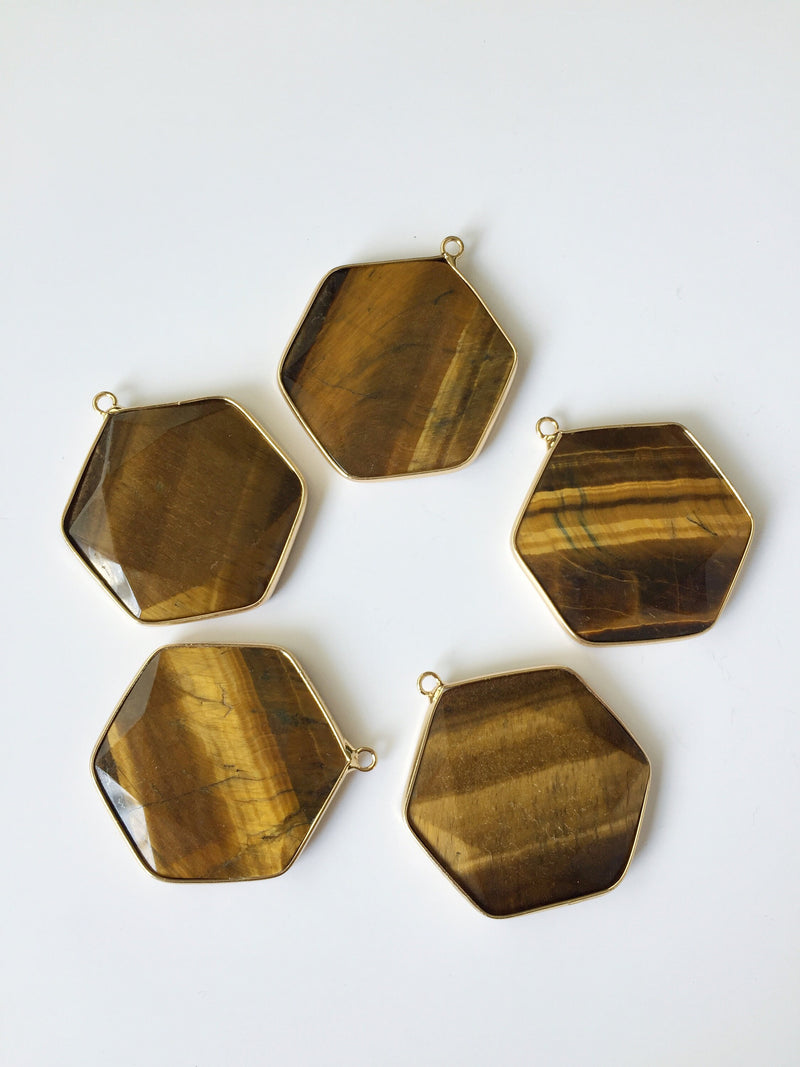 1 x Large Tiger Eye Hexagon Pendant, 36x40mm (1932)