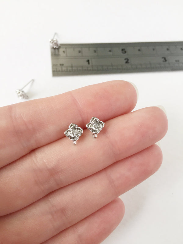 1 pair x Platinum Plated Rose Bud Earring Studs with Cubic Zirconia (0806)