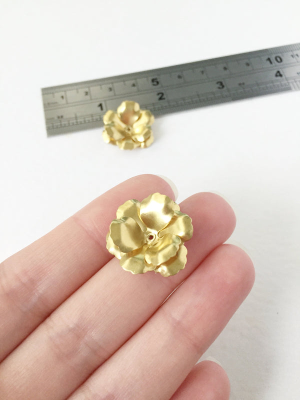 2 x 22mm Raw Brass Multi Petal Flower Beads, 3D Brass Flowers (0821)