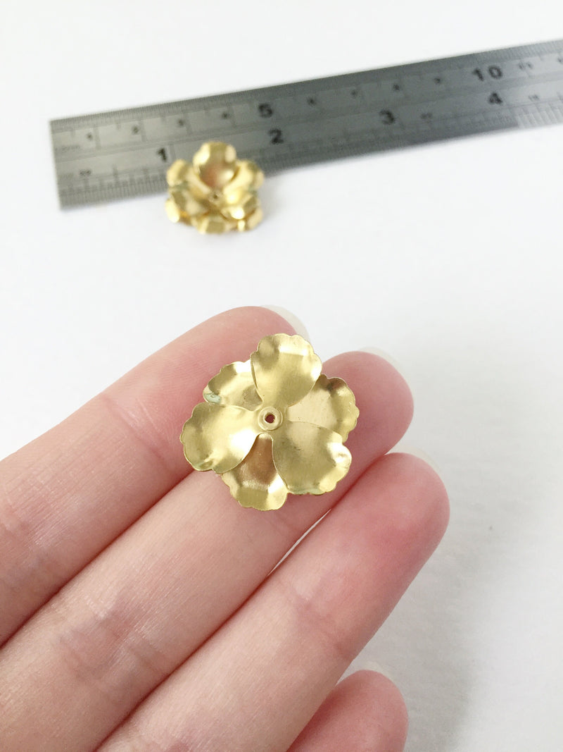 2 x 22mm Raw Brass Multi Petal Flower Beads, 3D Brass Flowers (0821)