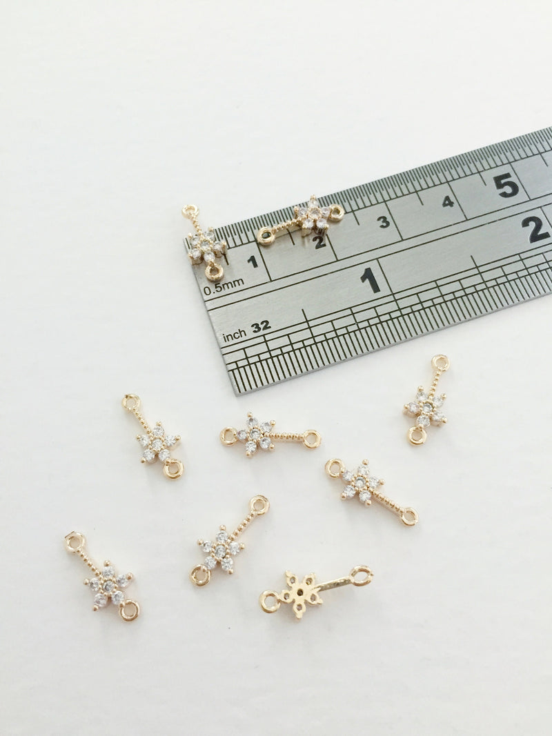 2 x 24K Gold Plated Cubic Zirconia Flower Bar Connectors, 14x6mm (0012)