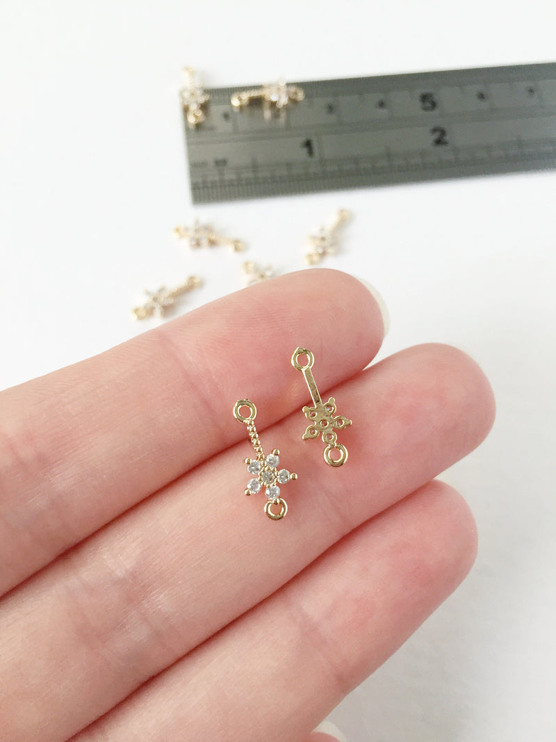 2 x 24K Gold Plated Cubic Zirconia Flower Bar Connectors, 14x6mm (0012)