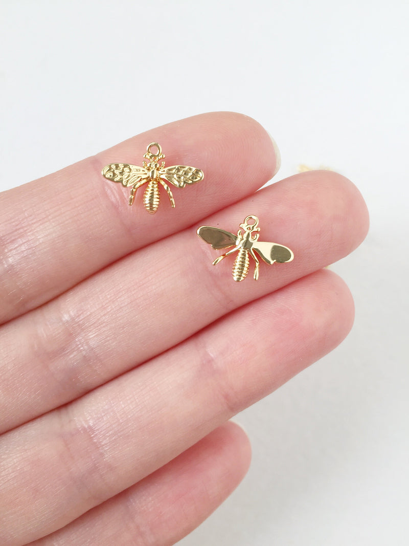 2 x Real Gold Plated Bee Charms, 10x14mm (0257)