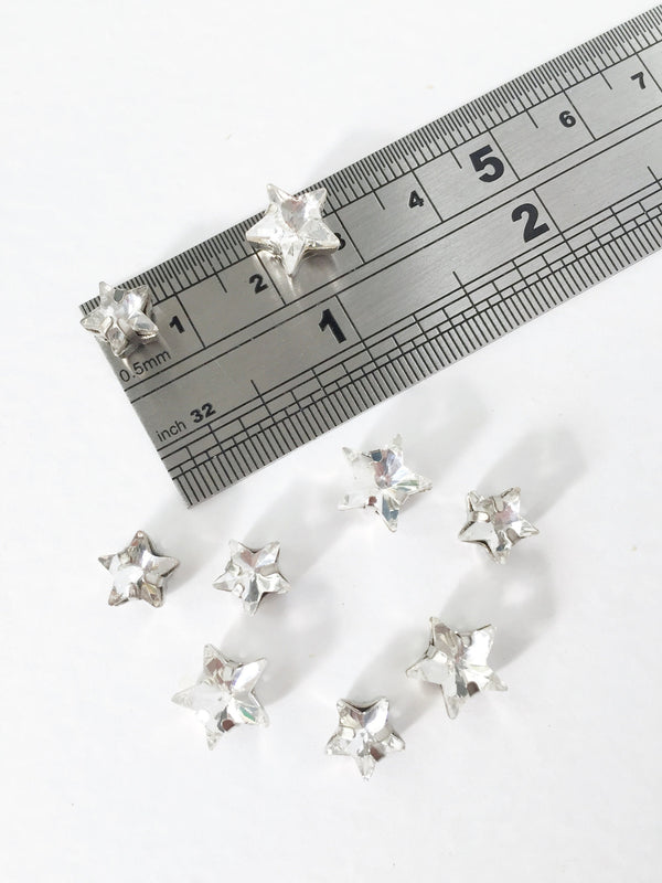 12 x 8mm Clear Crystal Star Rhinestones, Sew-on Rhodium Base (3632)