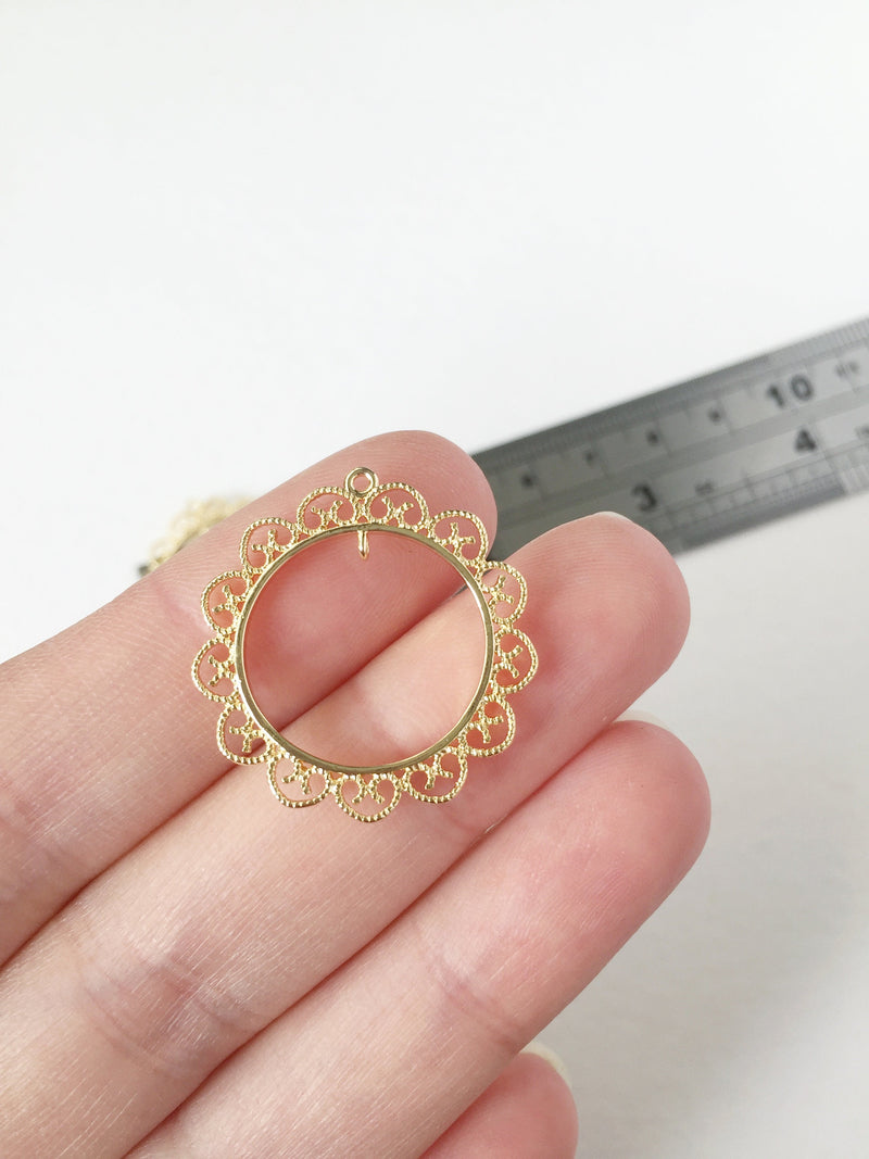 2x 18K Gold Plated Ornate Hoop Connectors, 26x25mm Lace Edge Round Jewellery Links (0287)