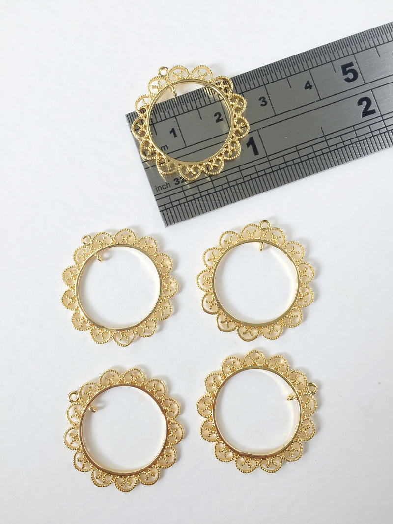 2x 18K Gold Plated Ornate Hoop Connectors, 26x25mm Lace Edge Round Jewellery Links (0287)