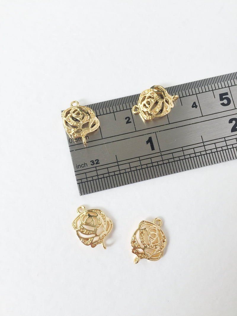 2 x 18K Gold Plated Rose Flower Connectors, 14x11mm (0094)