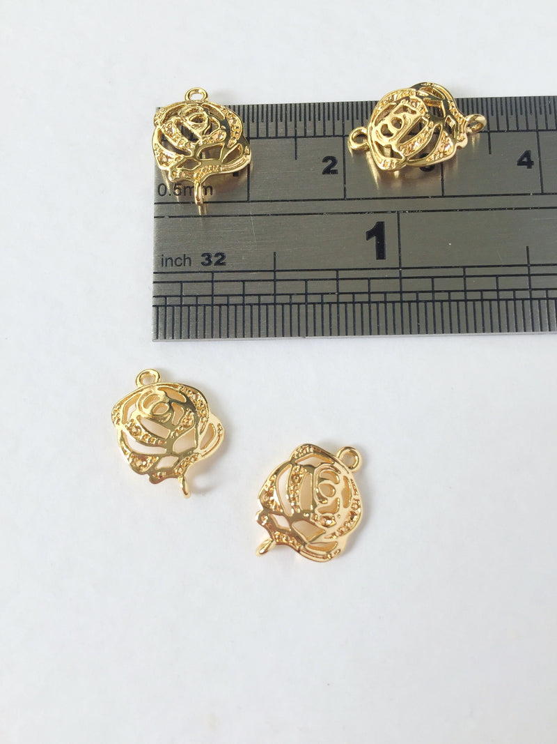 2 x 18K Gold Plated Rose Flower Connectors, 14x11mm (0094)