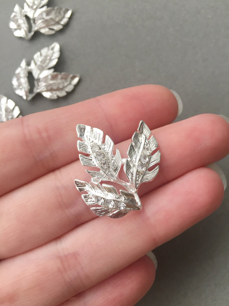 2 x Silver Crystal Leaf Embellishments, 28x25mm