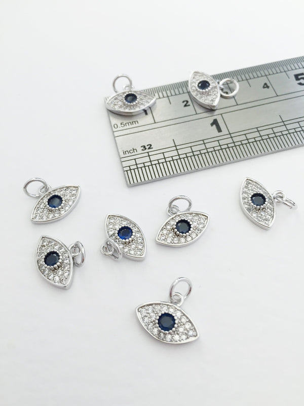 1 x 18K Platinum Plated Evil Eye Charms with Cubic Zirconia, 12x9mm (0241S)