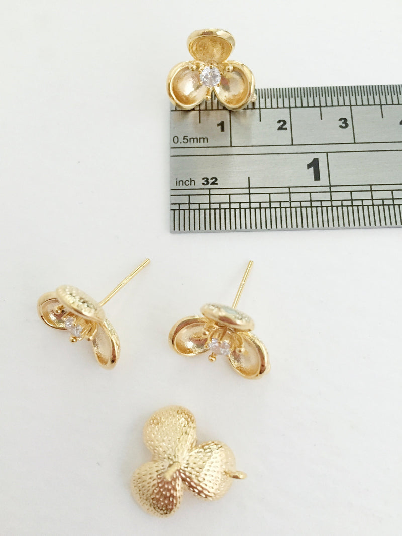 1 pair x 18K Gold Plated CZ Flower Earring Studs, 14mm (0811)